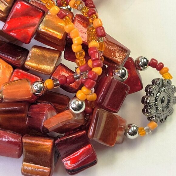 Iridescent Red Coral Floral Multi Strand Necklace With Earrings - Picture 9 of 13